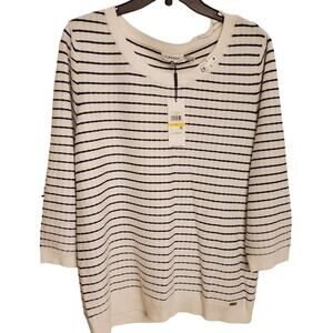 Calvin Klein black and‎ white spring 3/4 sleeve striped soft crew neck sweater L